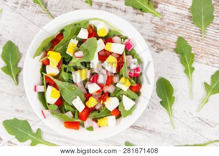 Fresh Salad With Vegetables And Eggs In Bowl, Concept Of Dieting, Healthy Lifestyles And Nutrition