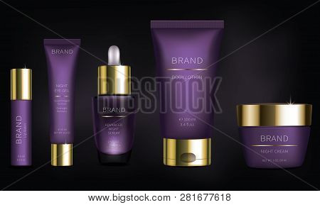 Night Cosmetic Series For Face Skin Care, Realistic Vector. Purple Cream Jar And Revitalizing Serum,
