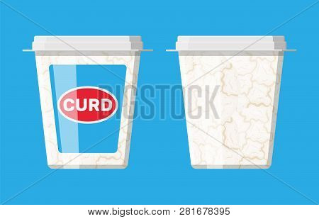 Cottage Cheese In Plastic Box Isolated On Blue. Curd With Vitamins, Protein And Calcium. Dairy Milk 