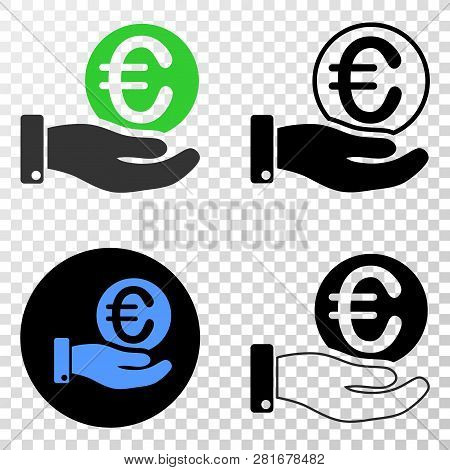 Hand Offfer Euro Coin Eps Vector Icon With Contour, Black And Colored Versions. Illustration Style I