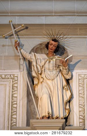 LUCERNE, SWITZERLAND - JUNE 24, 2018: Apostle, statue in the church of St. Leodegar in Lucerne, Switzerland