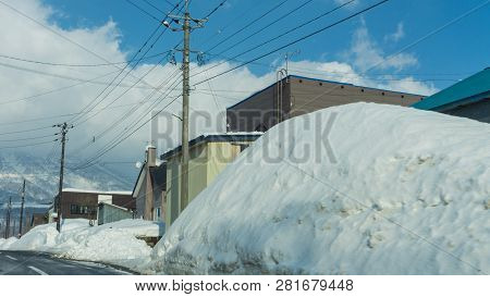 Beautiful Winter Landscape With Powder Snow On A Road In, Hokkaido Japan