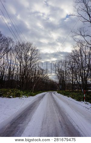 Beautiful Winter Landscape With Powder Snow On A Road In, Hokkaido Japan