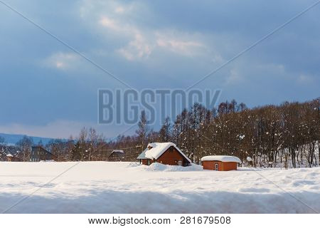 Beautiful Winter Landscape With Powder Snow On A Road In, Hokkaido Japan
