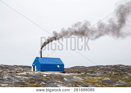 Rodebay, Greenland - July 09, 2018: The Local Waste Incineration Plant. Rodebay, Also Known As Oqaat