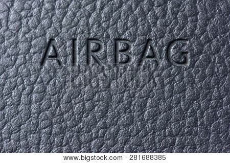 Inscription Airbag On The Steering Wheel In The Car Very Close-up