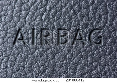 Inscription Airbag On The Steering Wheel In The Car Very Close-up