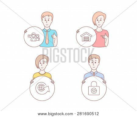 People Hand Drawn Style. Set Of People Talking, Parking Garage And World Globe Icons. Password Encry