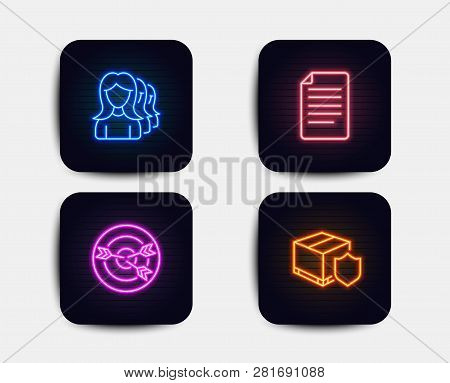 Neon Set Of Women Headhunting, File And Targeting Icons. Delivery Insurance Sign. Women Teamwork, Pa