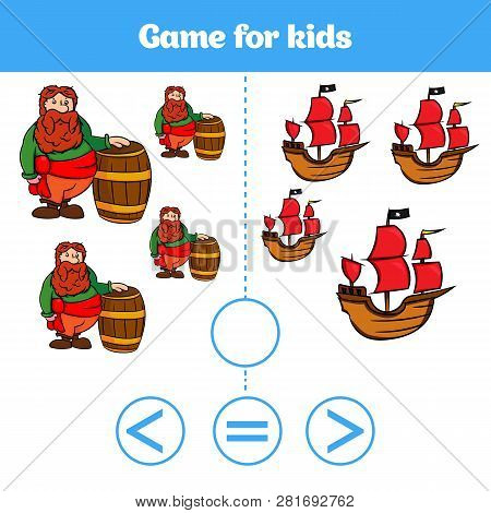 Education Logic Game For Preschool Kids. Choose The Correct Answer. More, Less Or Equal Vector Illus