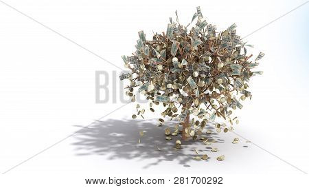 Dollar Tree With Hundred Dollar Bills And Coins Growing Out Of The Graund On White  3d Render