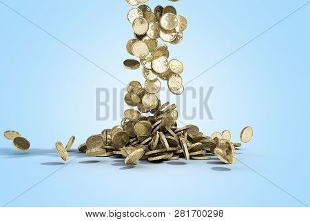 Gold Coins With Dollar Sign Fall On Graund 3d Illustration On A Blue Background