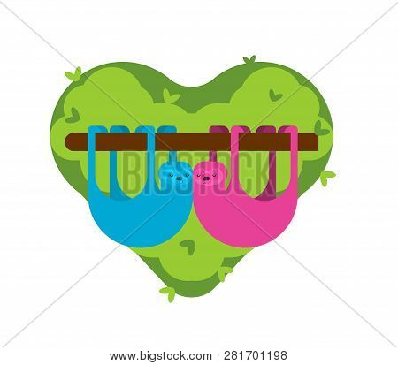 Sloth Love. Two Lazybones Animal Cartoon. Couple Lovers. 14Th Of February. St. Valentine's Day