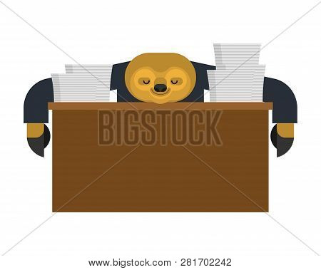 Sloth Sleeping At Work. Lazybones At Table. Animal Cartoon Businessman. Vector Illustration