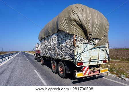 A Truck Delivers Cotton On The Street For Lamia, Central Greece