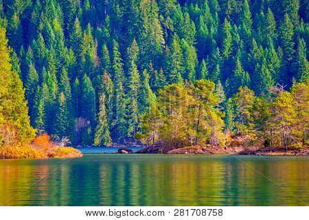 View of Gordon Bay in Cowichan Lake during the fall, taken on vancouver Island, canada