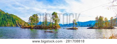 Panoramic view of Gordon Bay Park at Cowichan Lake in Vancouver Island during the fall season, taken in BC, Canada