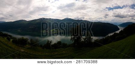 Landscape Panoramic View To Innvikfjorden, Innvik And Utvik Village In Norway