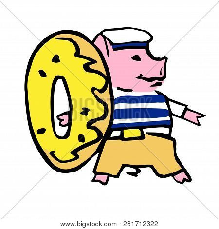 Funny Color Costumed Sailor Pig With Doughnut Lafe Saver