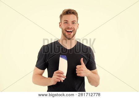 Happy Man Show Thumbs Up To Shampoo Bottle. Bearded Man Smile With Gel Tube Isolated On White Backgr