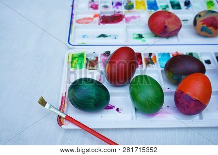 Colorful Easter Eggs Painting Activity With Color Tray Background, Fun Event For Kid Concept, Copy S
