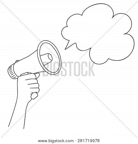 Man Hand Holding Megaphone Announcement With Cloud. Hand Drawn Skech Cartoon Vector.