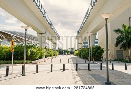 Viaduct Structures In Downtown District Of Miami, Usa. Overpass Or Bridge Railway Road On Sunny Outd
