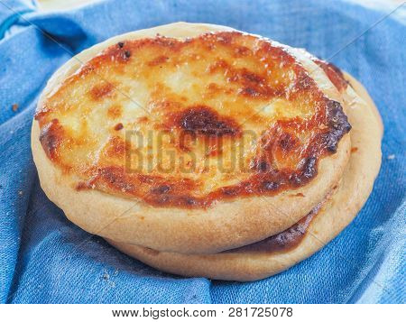 Traditional Russian Pasties Shanga - Opened Circle Pie With Cottage Cheese. Close Up View Of Carols 