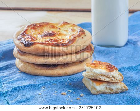 Traditional Russian Pasties Shanga - Opened Circle Pie With Cottage Cheese. Close Up View Of Carols 