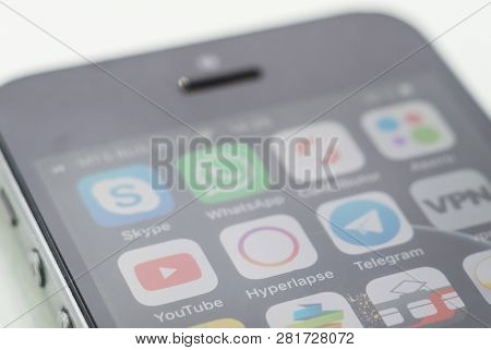 Tyumen, Russia - February 01, 2019: The Social Network Logos On The Phone Instagram, Skype, Telegram