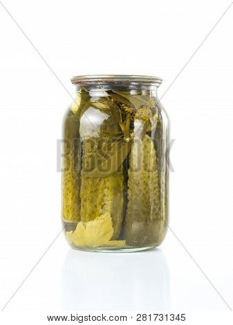 Pickled Cucumbers Isolated. Pickles In Glass Jar Isolated On White Background. Salted Cucumber In Ja