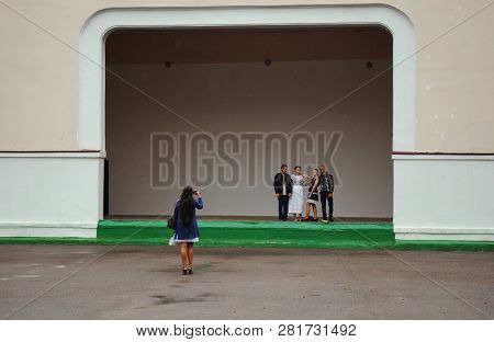Wedding Guests Are Photographed On The Street Stage, Kropyvnytskyi, Ukraine, September 1, 2017