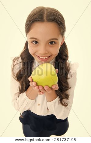 Girl Cute Long Curly Hair Holds Apple Fruit White Background. Child Girl School Uniform Clothes Hold