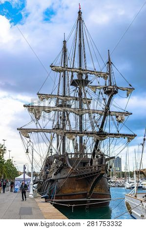 Barcelona, Spain - November 8, 2018: El Galeón Or Galeón Andalucía, A Three Mast Vessel, Is The Repl