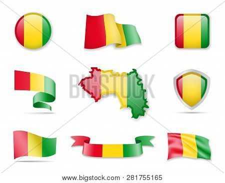 Guinea Flags Collection. Vector Illustration Set Flags And Outline Of The Country.