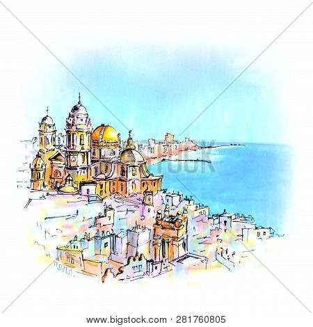 Cadiz Skyline With Cathedral De Santa Cruz In The Morning, Cadiz, Andalusia, Spain. Picture Made Mar