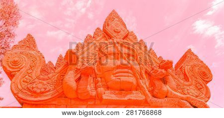 Stone Arch, Sculptures In An Amusement Park In Coral Color. Fashion Concept