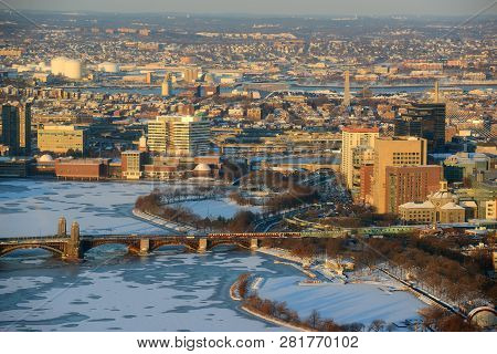Boston Downtown West End District And Leonard P. Zakim Bunker Hill Memorial Bridge Aerial View In Wi