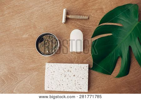 Zero Waste Flat Lay. Natural Soap, Solid Shampoo In Metal Tin, Reusable Razor, Crystal Eco Deodorant