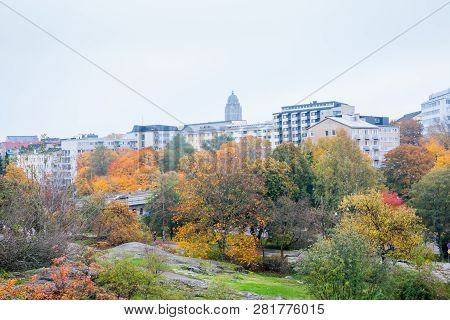 Helsinki, Finland. Kallio District Cityscape At Autumn.