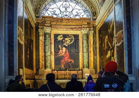 Rome, Italy - March 22, 2018: Church Of St. Louis Of The French,  Contarelli Chapel Contains A Cycle