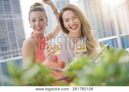 Two attractive funloving friends partying with drinks on rooftop bar in city