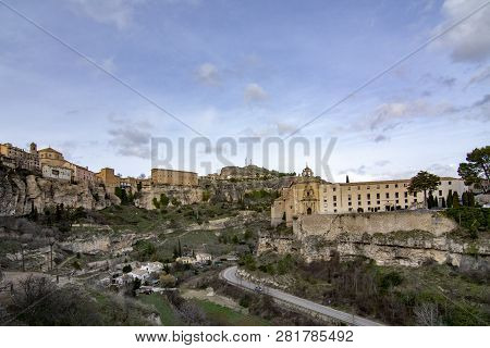 Cuenca , Spain; February 2017:  This View Shows The Hanging Houses Perched On The Cliffside And Brid