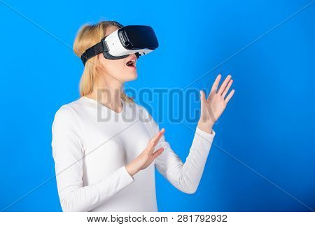 Young Woman Using A Virtual Reality Headset With Conceptual Network Lines. Woman Using Vr Device. Ch