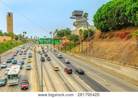 Los Angeles, Ca, United States - August 9, 2018: Aerial View Of Los Angeles Hollywood Fwy And Santa 