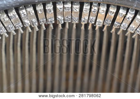 Traditional Typewriter Letterpress Arms. Close Up Of Antique Typewriter Typebars, Great Concept For 