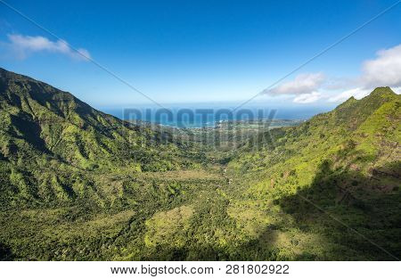 Aerial View Of Hanalei Bay And Princeville On Hawaiian Island Of Kauai From Helicopter Flight