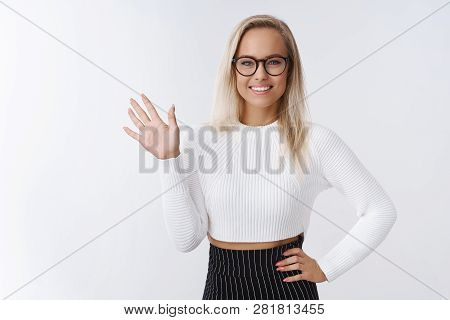 Hello Everyone. Portrait Of Confident Attractive And Stylish Self-assured Female Self-esteem Coach W