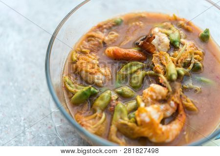 Hot And Sour Katuri Flower Soup For Sale At Thai Street Food Market Or Restaurant In Thailand