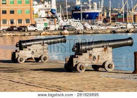 Two Ancient Naval Cannons (1819) In The Port Of La Spezia - Liguria - Italy - Europe